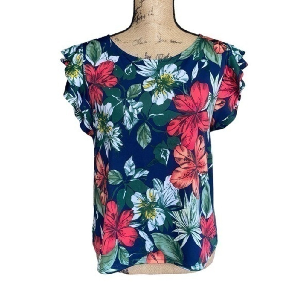 Tresics LG sleeveless ruffle floral blouse EUC